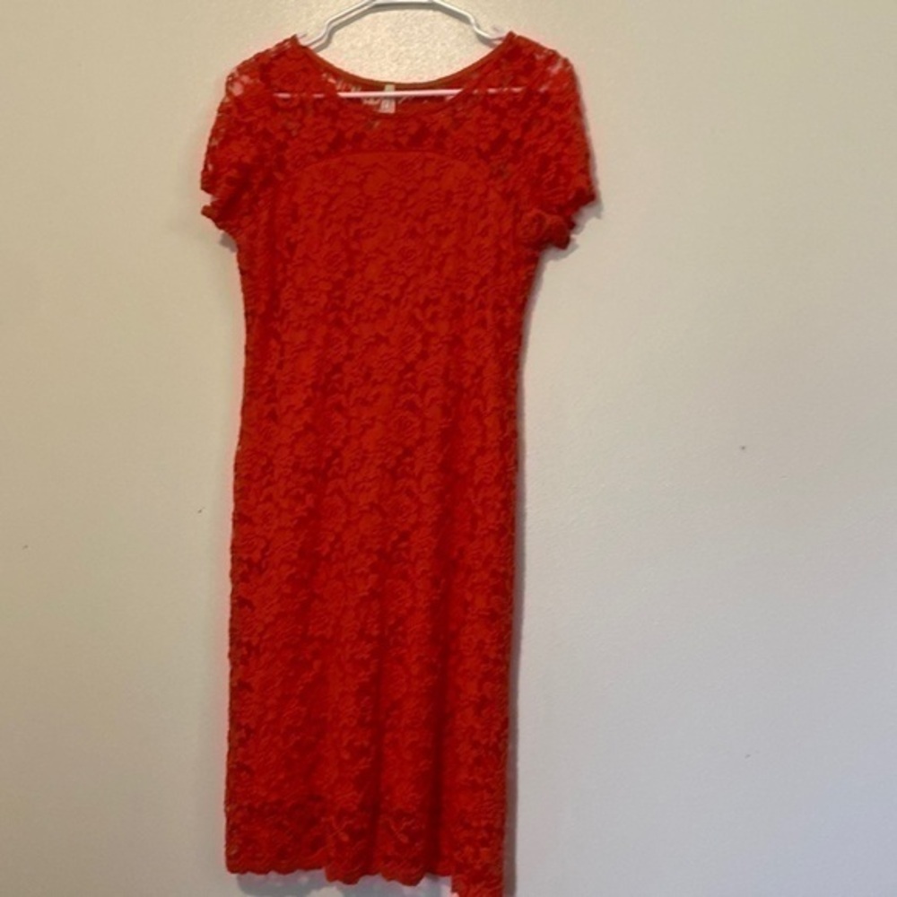 SHE soul harmony energy lined cotton nylon floral lace look hugger orange dress